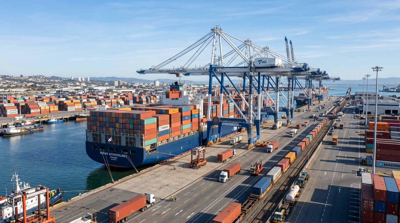 Container ship and ocean freight logistics terminal